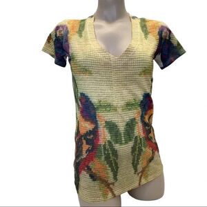 Yellow Sublimation Size Medium Parrot Printed Fitted V-Neck Tee. Made in USA New